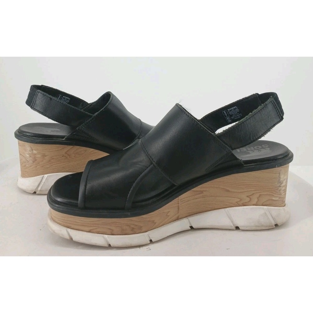 Sorel Joanie III Slingback Womens Leather Platform Wedge Sandals Black SZ 9 C132 - Picture 7 of 10